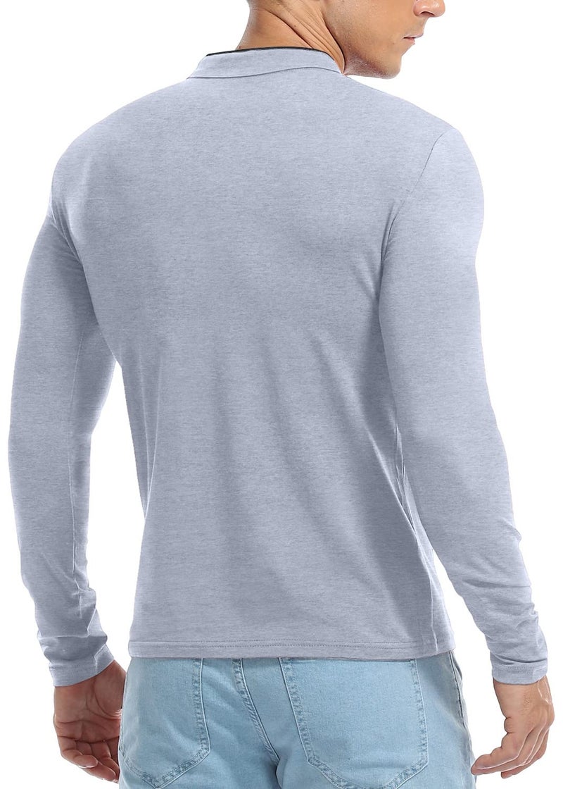 KUYIGO Men's Casual Slim Fit Shirts Long Sleeve Polo Mandarin Collared Lightweight T-Shirts Grey X-Large - Image 5